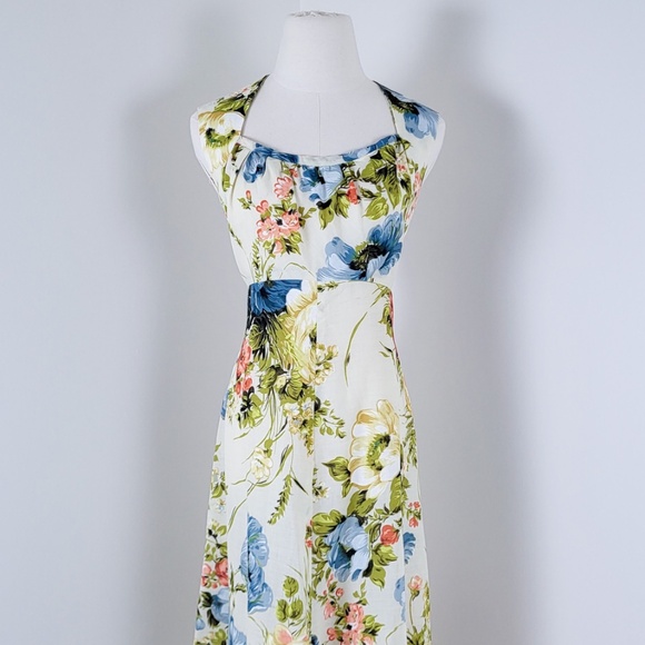 70's A-Line Floral Dress Hawaiian Square Neck Halter Cap Sleeves Full Circle - Picture 16 of 16